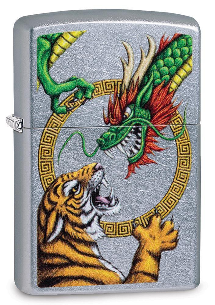 Front view of the Chinese Dragon Street Chrome Design Lighter shot at a 3/4 angle