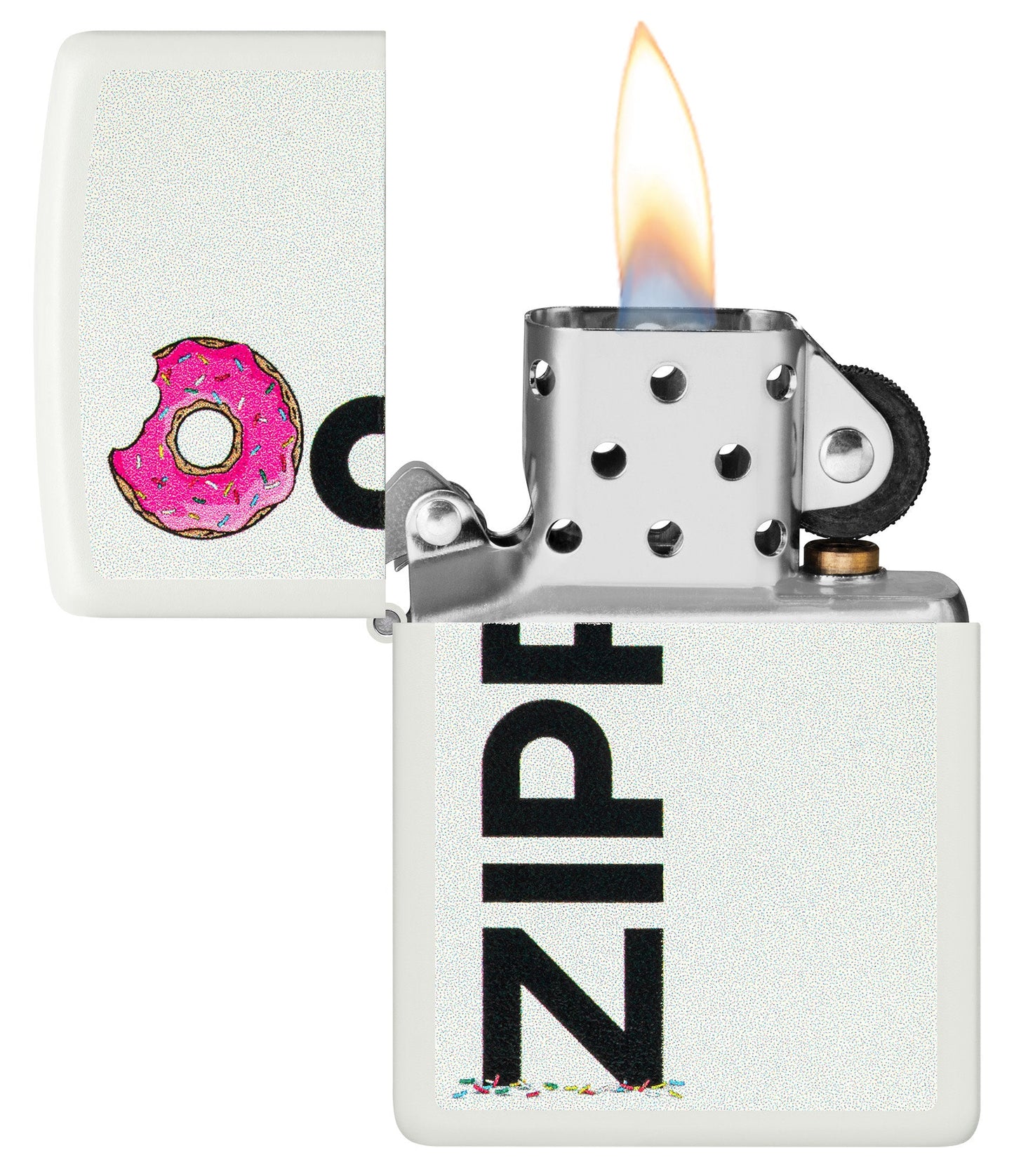 Frosted Zippo Design White Matte Windproof Lighter with its lid open and lit.