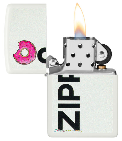 Frosted Zippo Design White Matte Windproof Lighter with its lid open and lit.