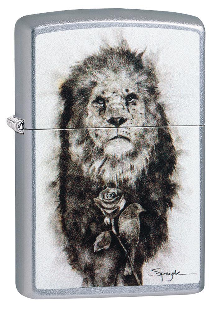 Spazuk Lion design Street Chrome windproof lighter facing forward at a 3/4 image