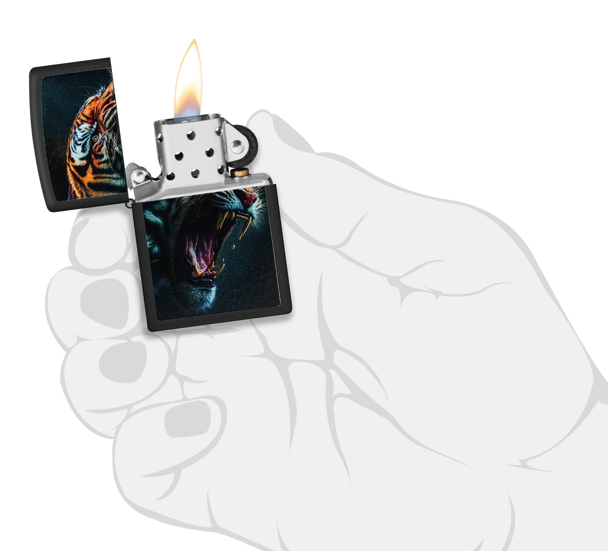 Zippo Tiger Roar Design Black Matte Windproof Lighter lit in hand.
