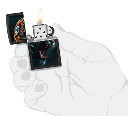 Zippo Tiger Roar Design Black Matte Windproof Lighter lit in hand.