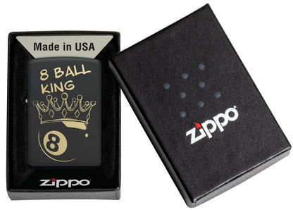 Zippo Billiards Champion Design Black Matte Windproof Lighter in its packaging.