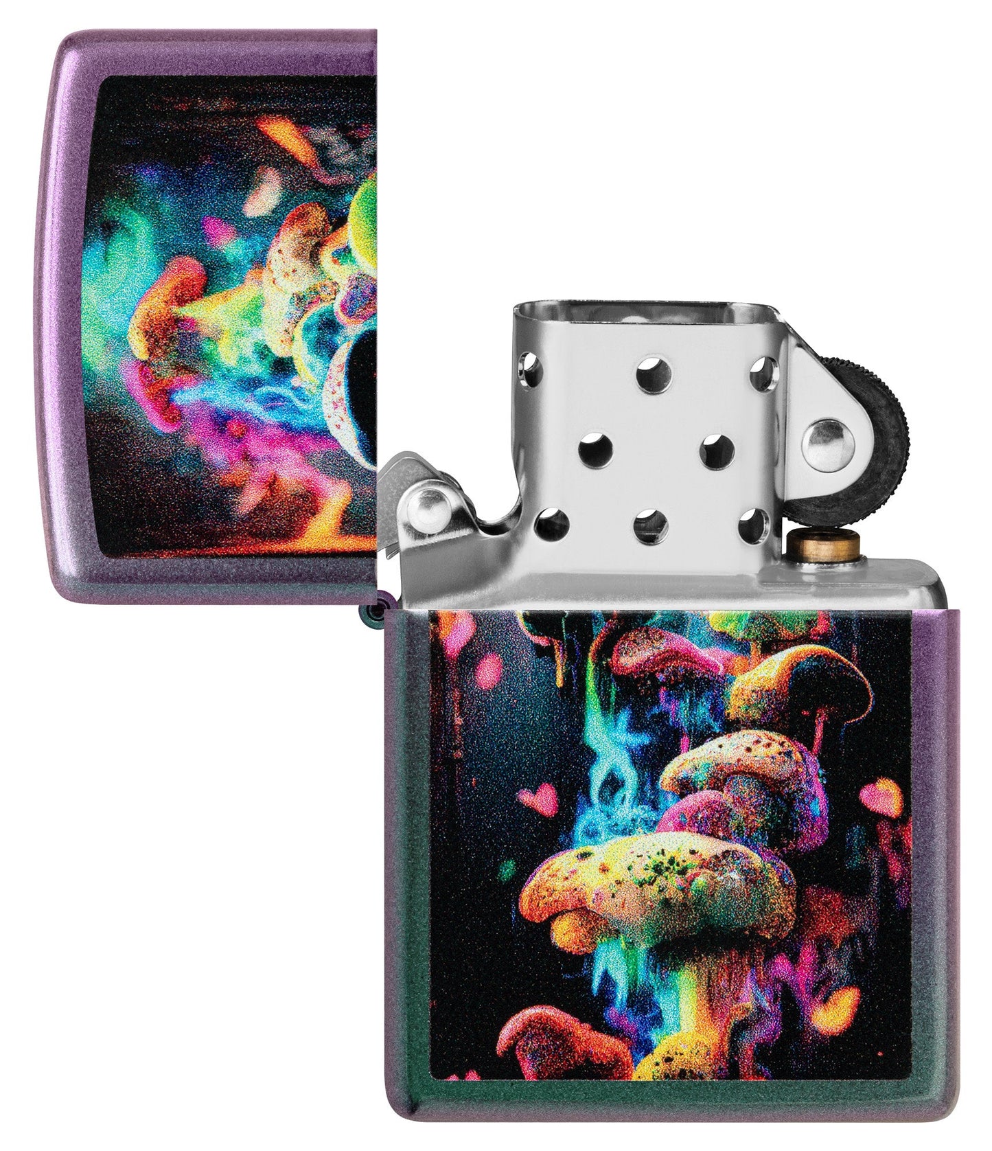 Zippo Mushrooms Design Iridescent Windproof Lighter with its lid open and unlit.