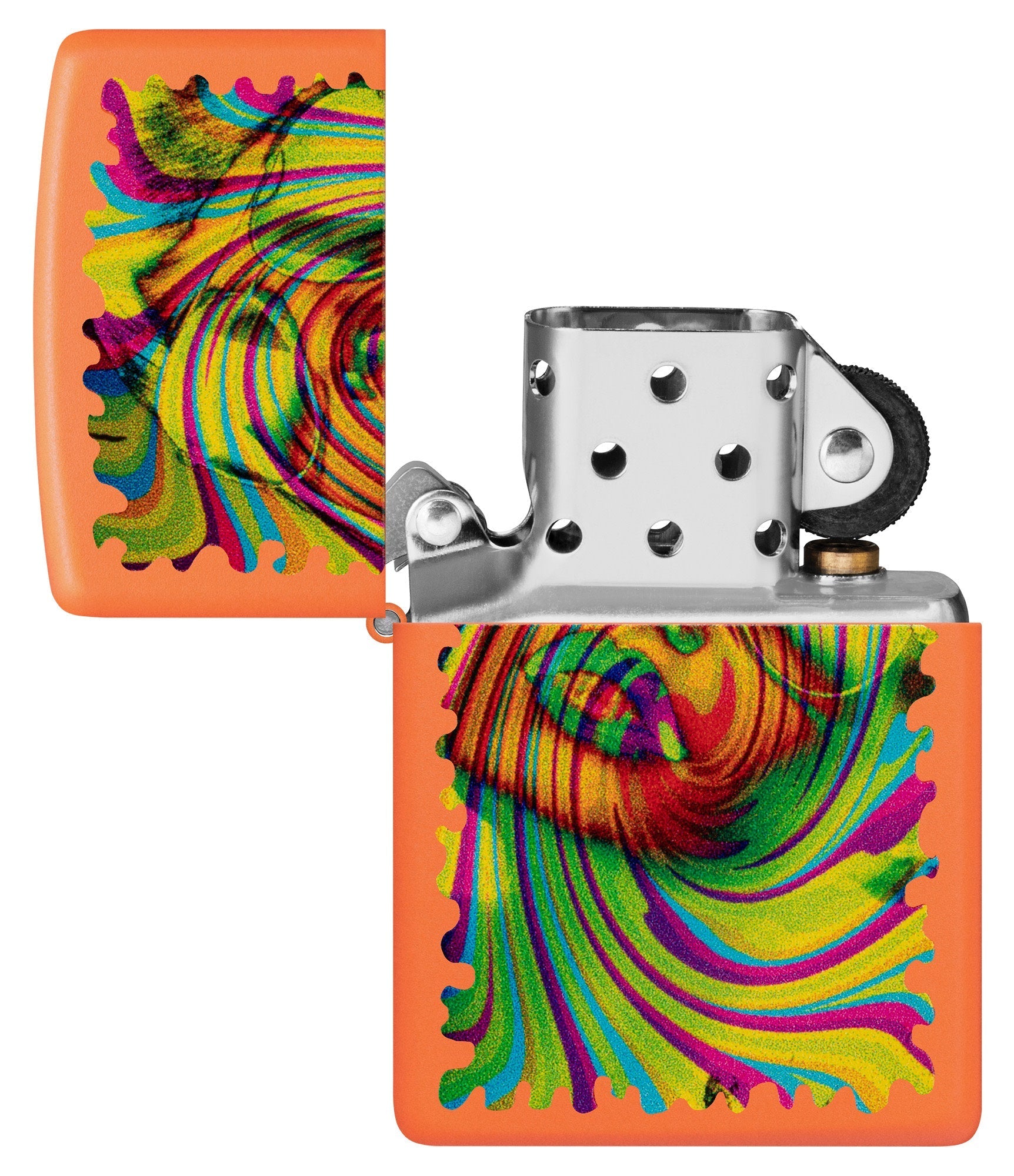 Zippo Sunglass Woman Design Orange Matte Windproof Lighter with its lid open and unlit.
