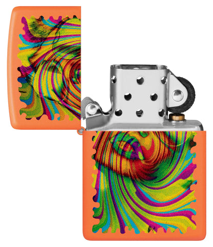 Zippo Sunglass Woman Design Orange Matte Windproof Lighter with its lid open and unlit.