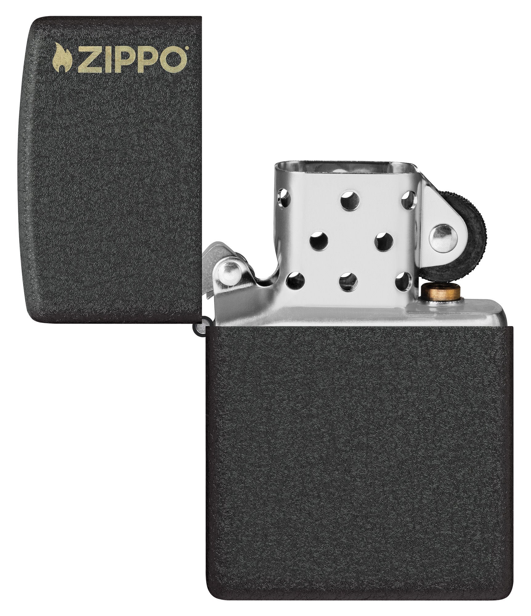 Zippo Classic Black CrackleÂ® Zippo Logo Windproof Lighter with its lid open and unlit.