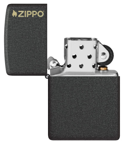 Zippo Classic Black CrackleÂ® Zippo Logo Windproof Lighter with its lid open and unlit.