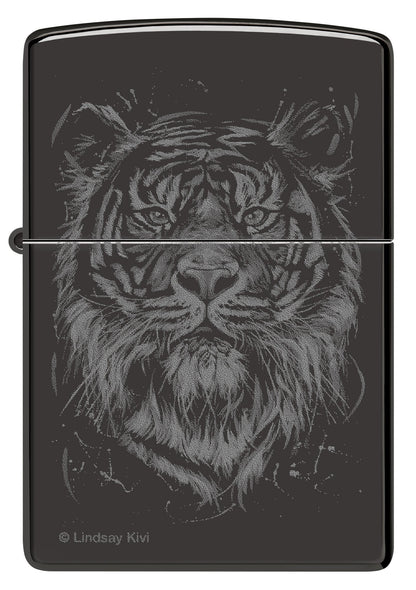 Front view of Zippo Lindsay Kivi High Polish Black Windproof Lighter.