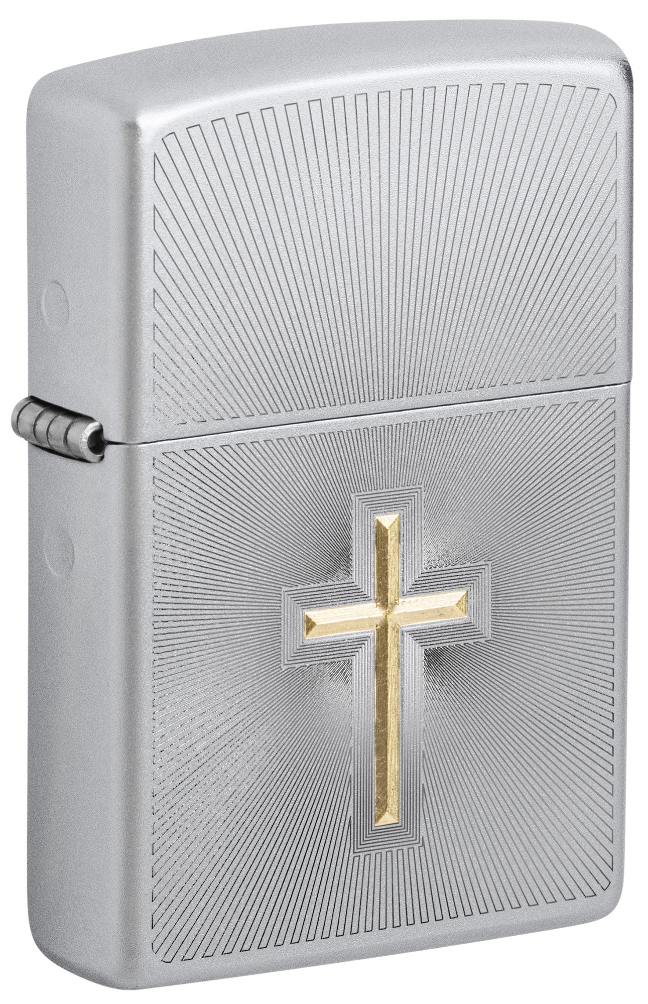 Front shot of Zippo Auto Two Tone Cross Design Satin Chrome Windproof Lighter standing at a 3/4 angle.