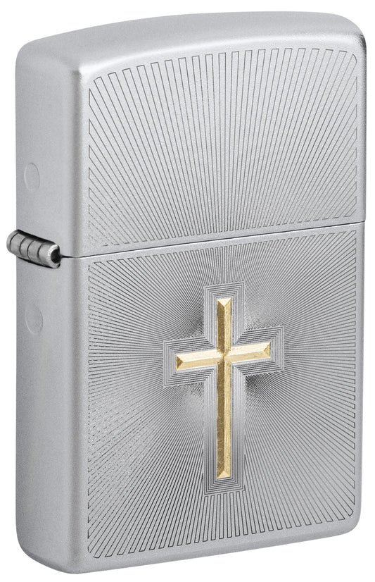 Front shot of Zippo Auto Two Tone Cross Design Satin Chrome Windproof Lighter standing at a 3/4 angle.
