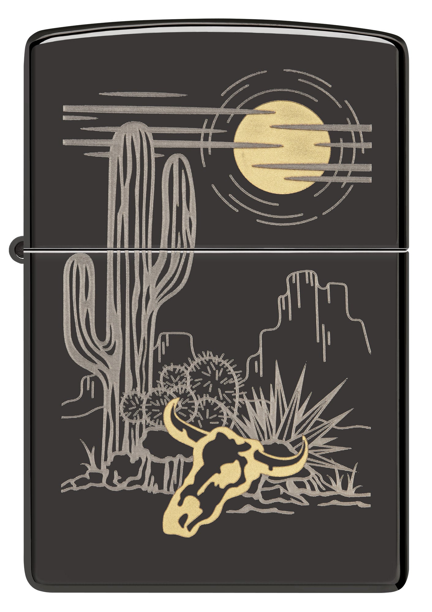 Front view of Zippo Western Design High Polish Black Windproof Lighter.
