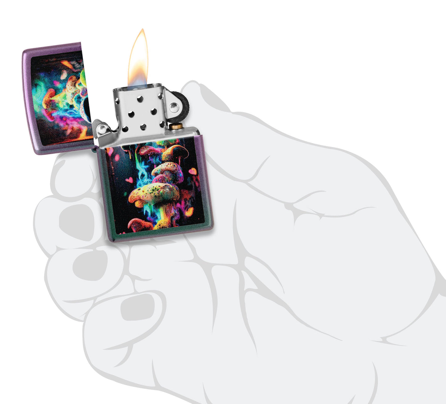 Zippo Mushrooms Design Iridescent Windproof Lighter lit in hand.