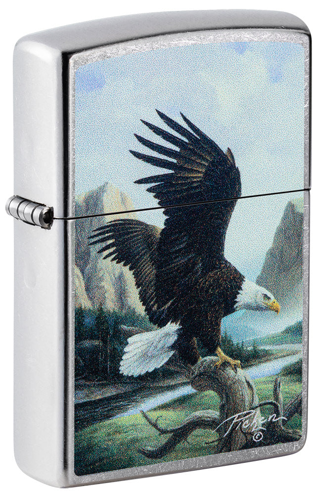 Front shot of Linda Picken Eagle Design Street Chrome™ Windproof Lighter standing at a 3/4 angle.