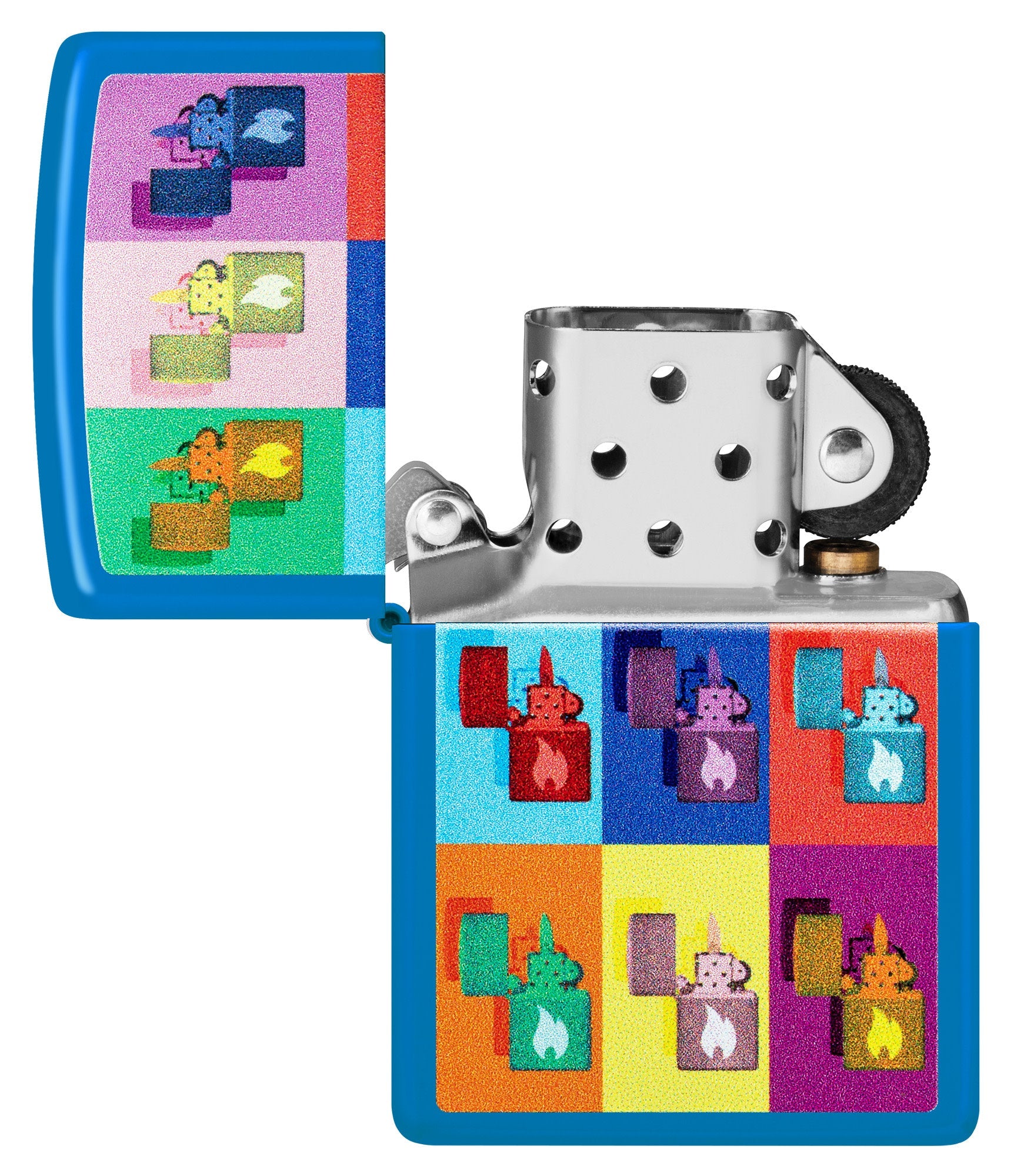 Zippo Pop Art Design Sky Blue Matte Windproof Lighter with its lid open and unlit.