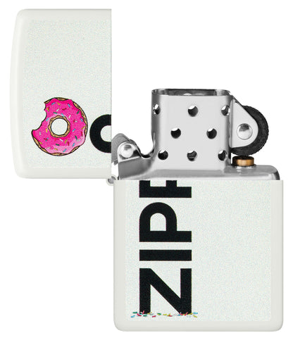 Frosted Zippo Design White Matte Windproof Lighter with its lid open and unlit.