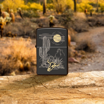Lifestyle image of Zippo Western Design High Polish Black Windproof Lighter on a rock with a desert background.