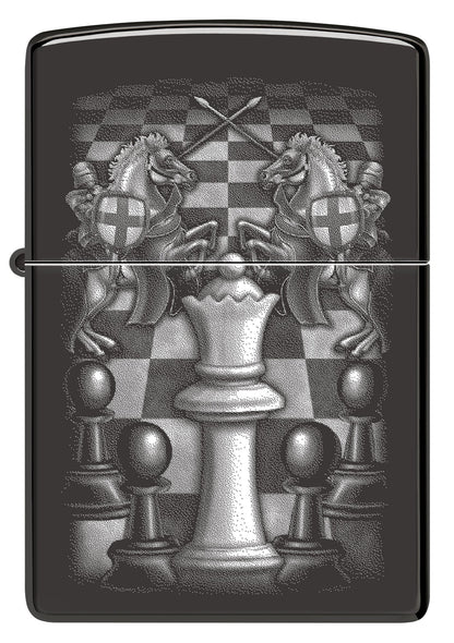 Front view of Zippo Chess Design High Polish Black Windproof Lighter.