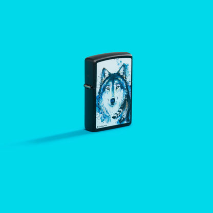 Lifestyle image of Zippo Lindsay Kivi Black Matte Windproof Lighter on an aqua blue background.