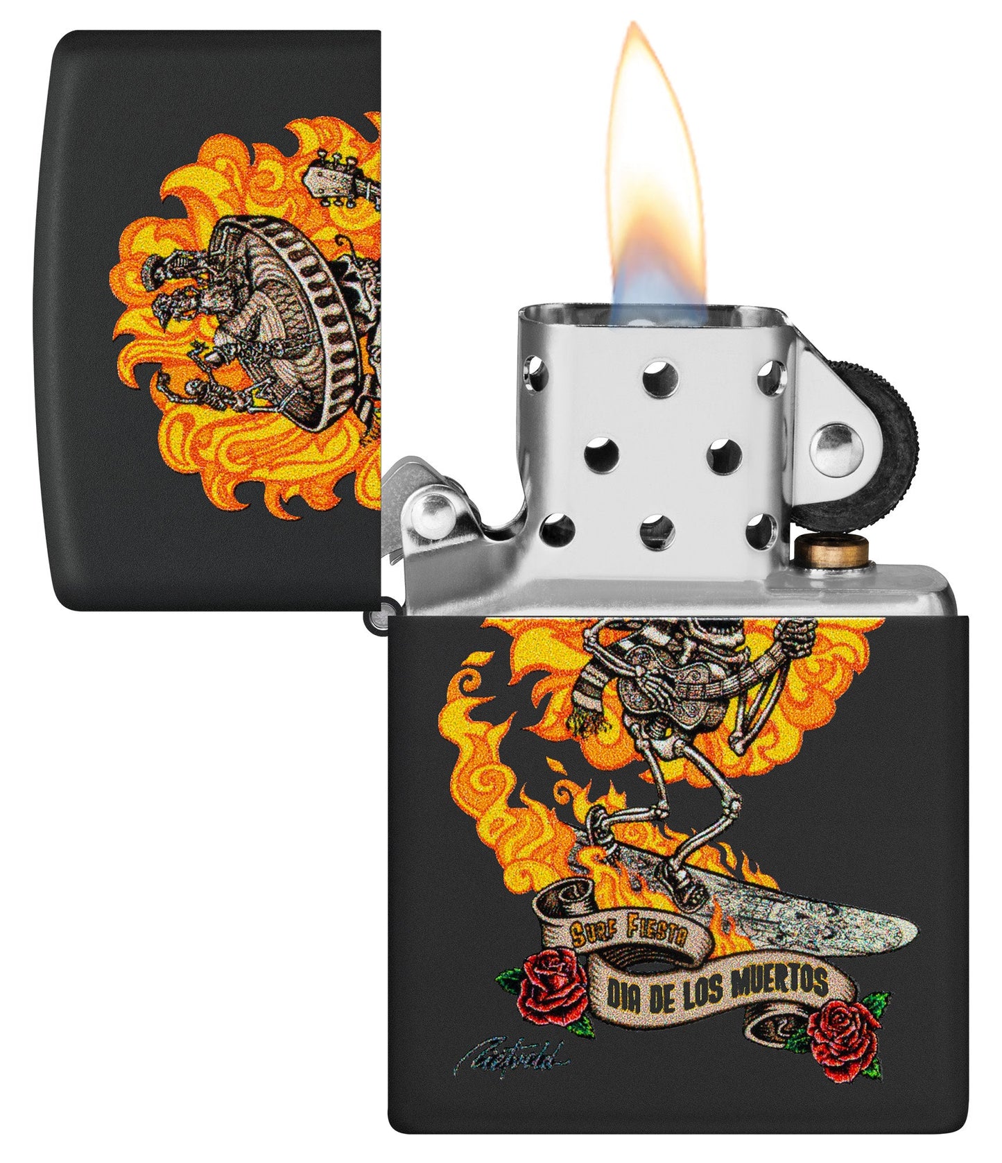 Zippo Rick Rietveld Black Matte Windproof Lighter with its lid open and lit.