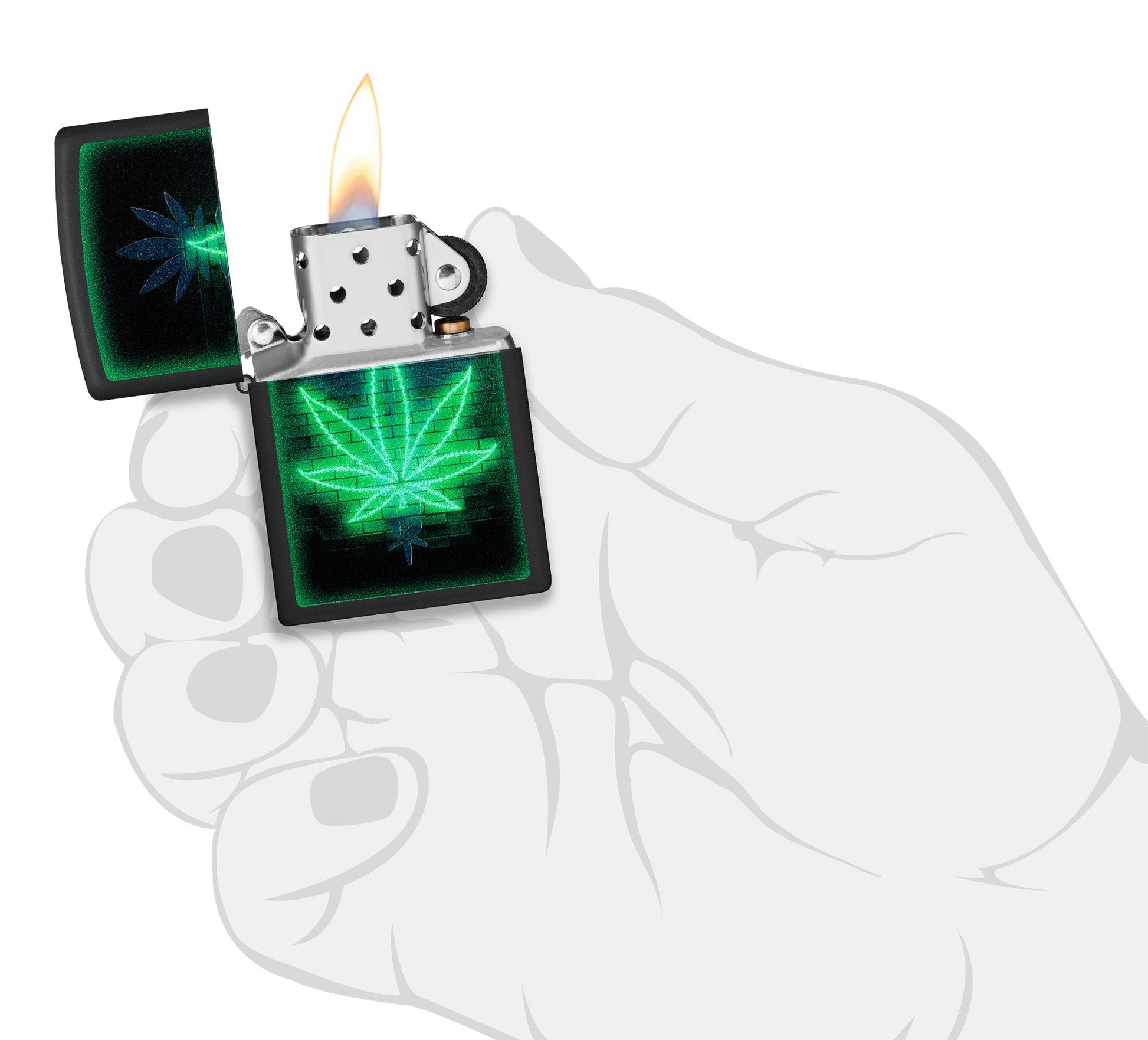 Zippo Gleaming Leaf Design Black Matte Windproof Lighter lit in hand.