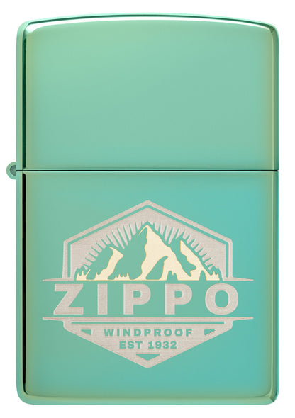 Front view of Zippo Badge Design High Polish Green Windproof Lighter.