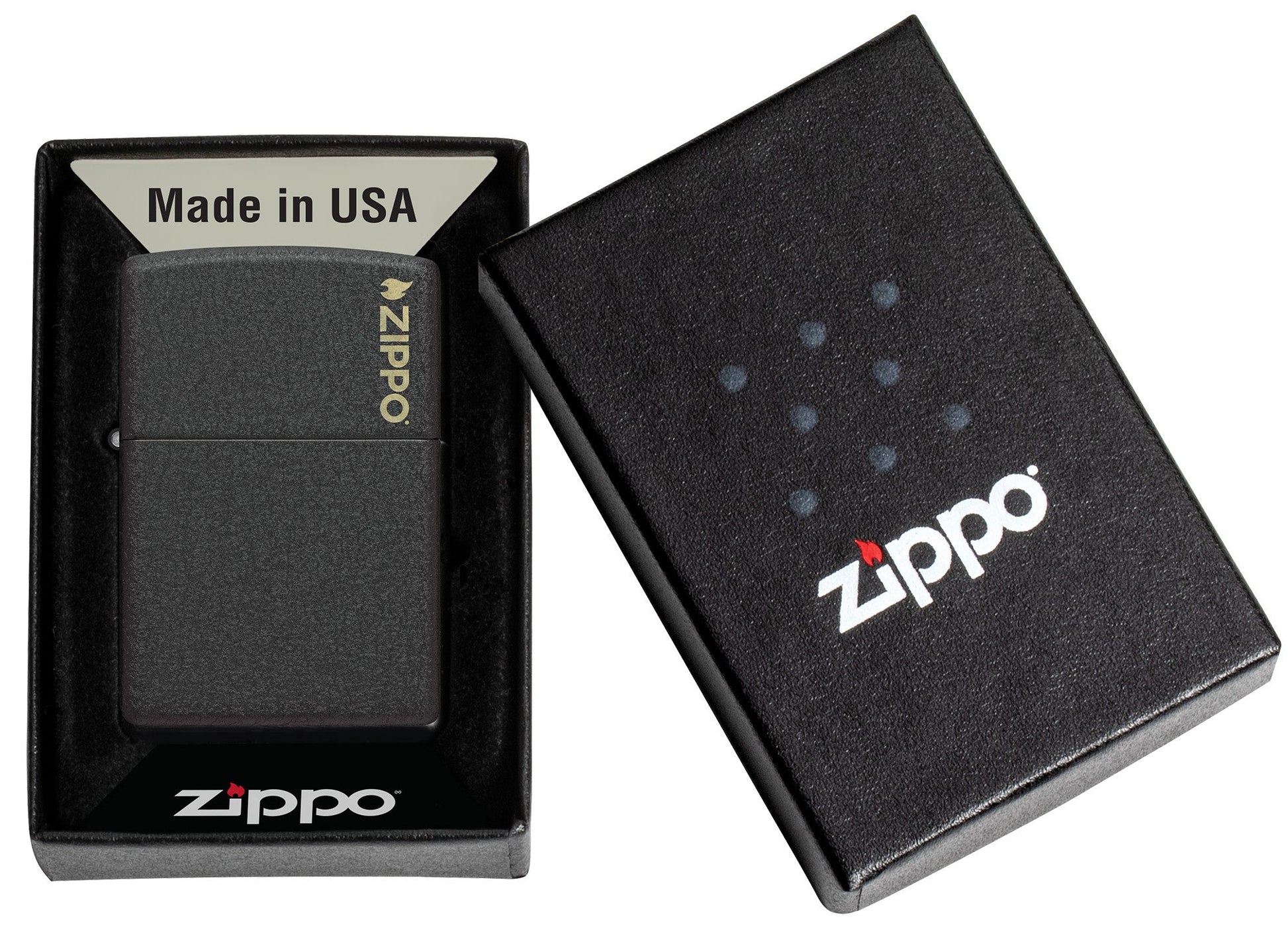 Zippo Classic Black CrackleÂ® Zippo Logo Windproof Lighter in its packaging.