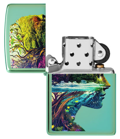 Zippo One with Nature Design High Polish Green Windproof Lighter with its lid open and unlit.