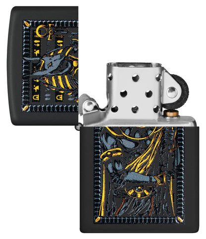 Zippo Anubis Design Black Matte Windproof Lighter with its lid open and unlit.
