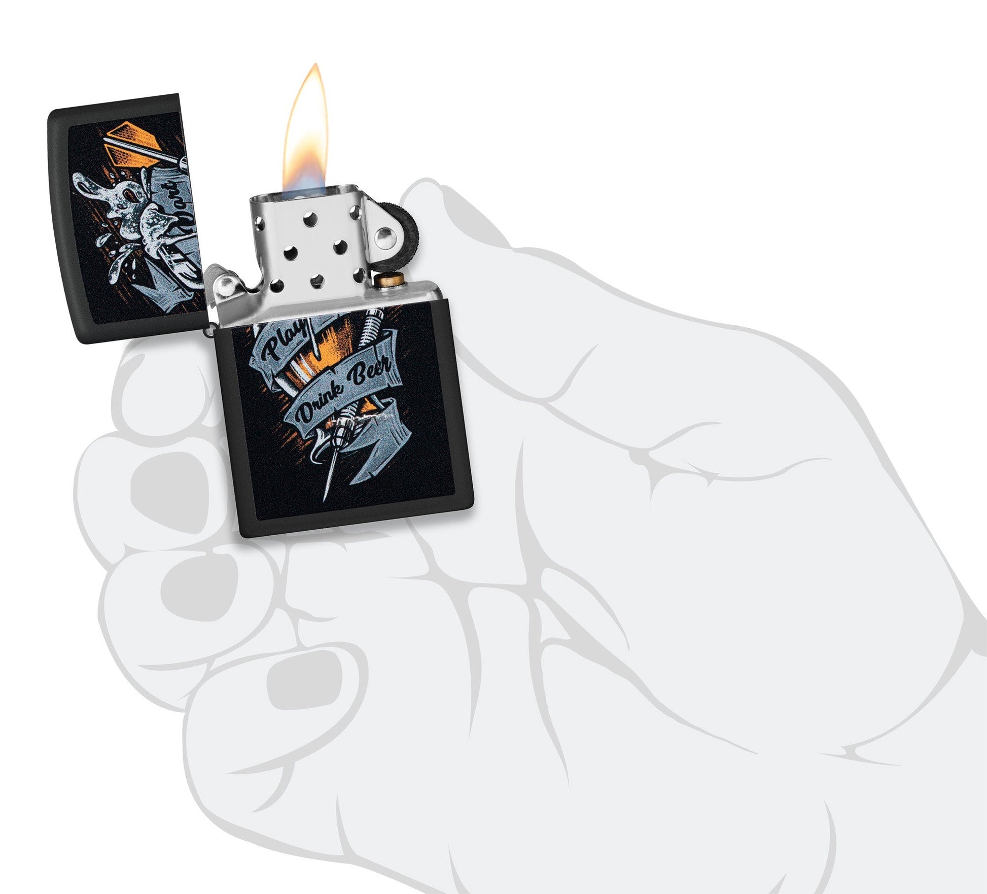 Zippo Darts Design Black Matte Windproof Lighter lit in hand.