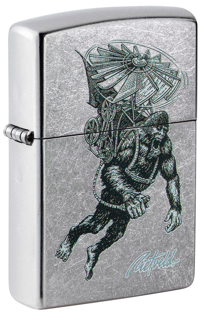 Front shot of Rick Rietveld Flying Ape Design Street Chrome™ Windproof Lighter standing at a 3/4 angle.