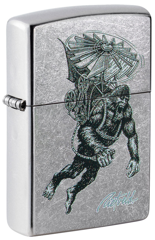 Front shot of Rick Rietveld Flying Ape Design Street Chrome™ Windproof Lighter standing at a 3/4 angle.