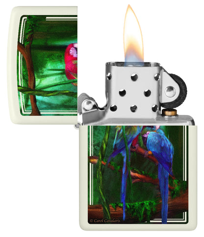 Zippo Carol Cavalaris Glow in the Dark Windproof Lighter with its lid open and lit.