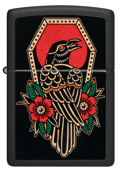 Front view of Zippo Crow Tattoo Design Black Matte Windproof Lighter.