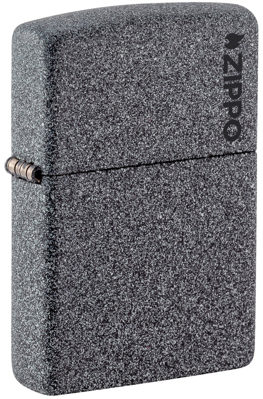 Front shot of Zippo Classic Iron Stone Zippo Logo Windproof Lighter standing at a 3/4 angle.