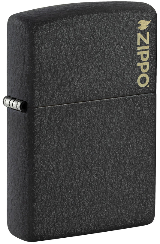 Front shot of Zippo Classic Black CrackleÂ® Zippo Logo Windproof Lighter standing at a 3/4 angle.