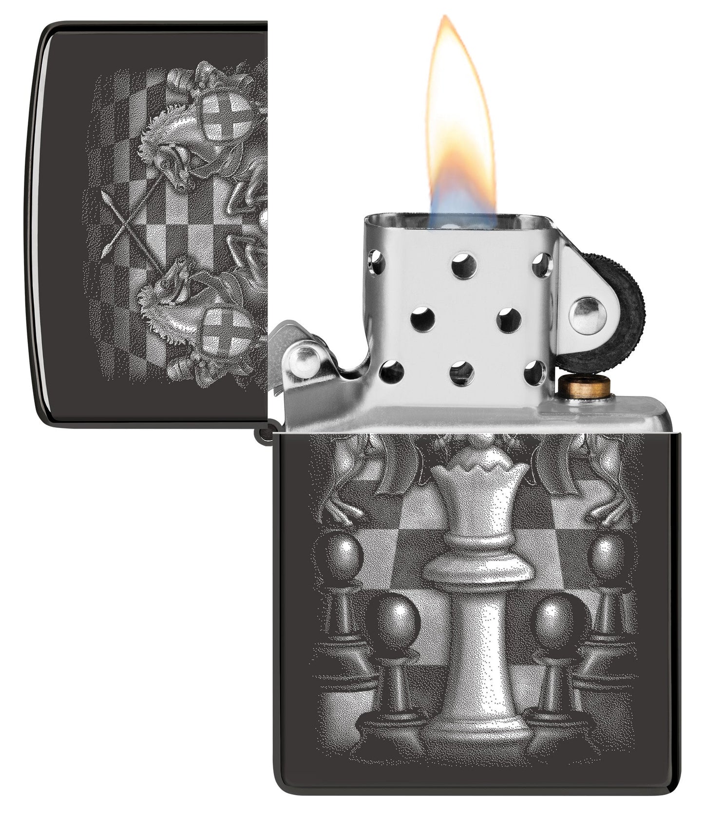 Zippo Chess Design High Polish Black Windproof Lighter with its lid open and lit.
