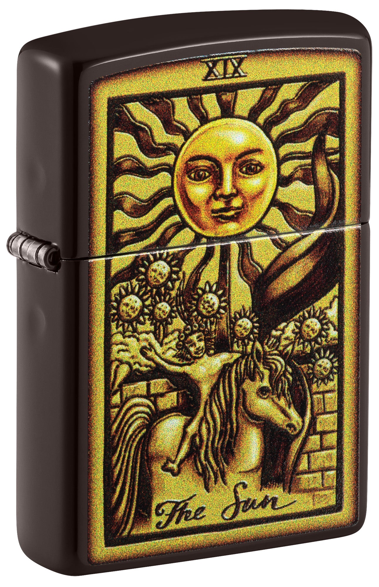 Front shot of The Sun Tarot Card Design Brown Windproof Lighter standing at a 3/4 angle.