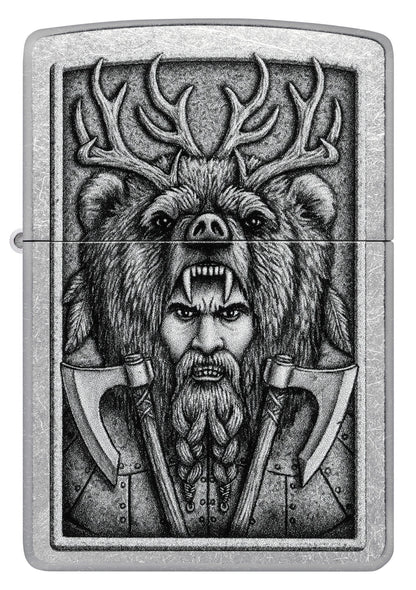 Front shot of Zippo Barbarian Design Street Chrome Windproof Lighter.