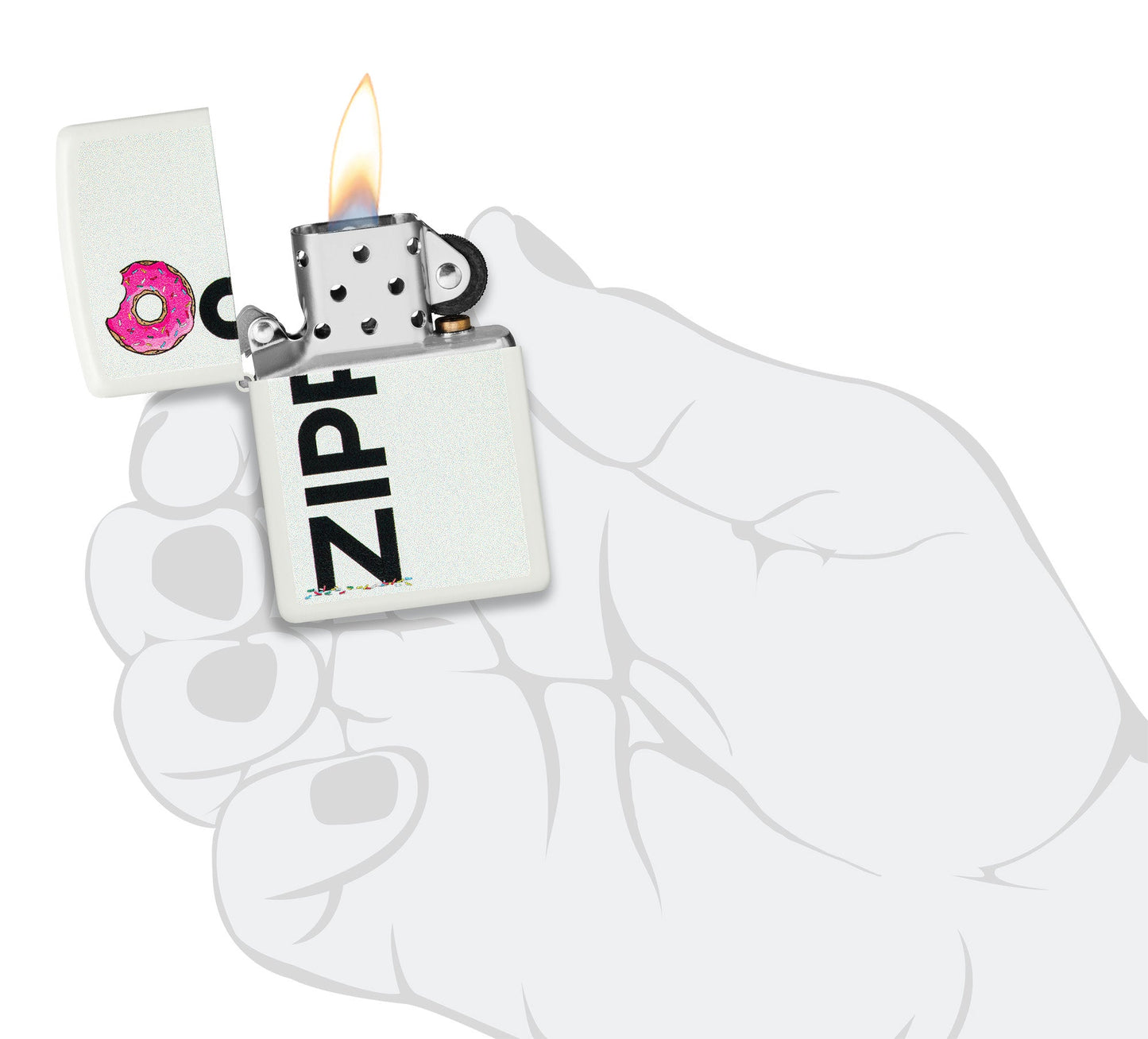 Frosted Zippo Design White Matte Windproof Lighter lit in hand.