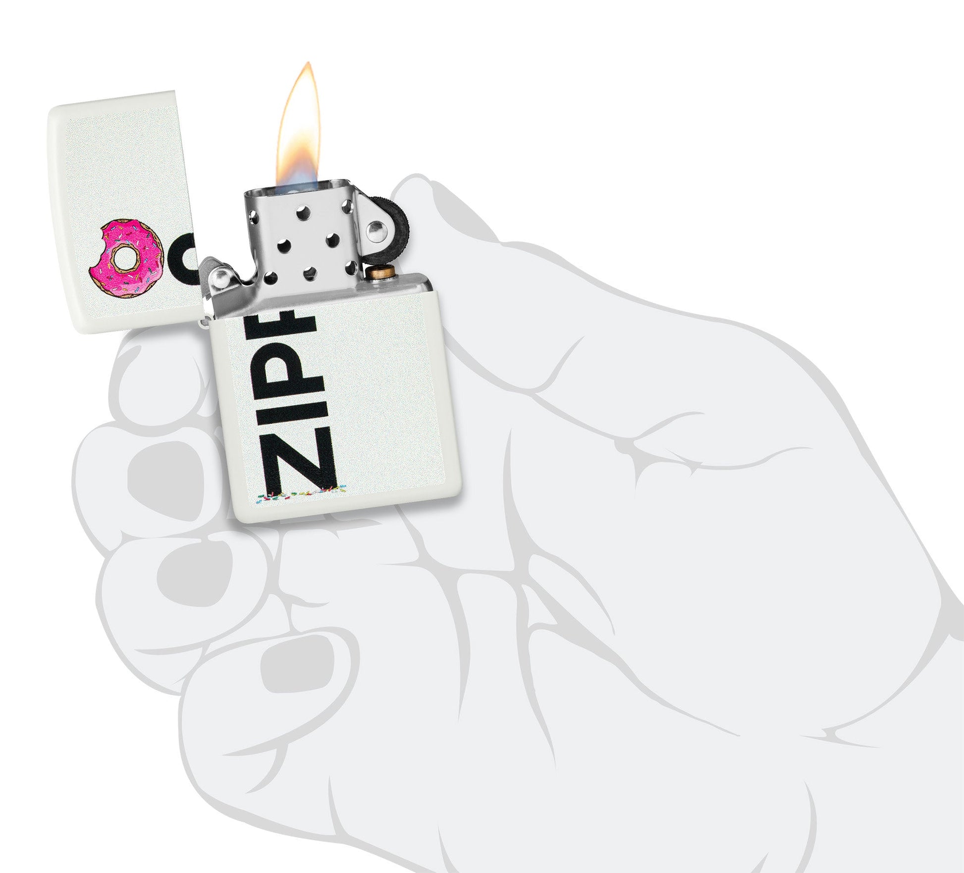 Frosted Zippo Design White Matte Windproof Lighter lit in hand.