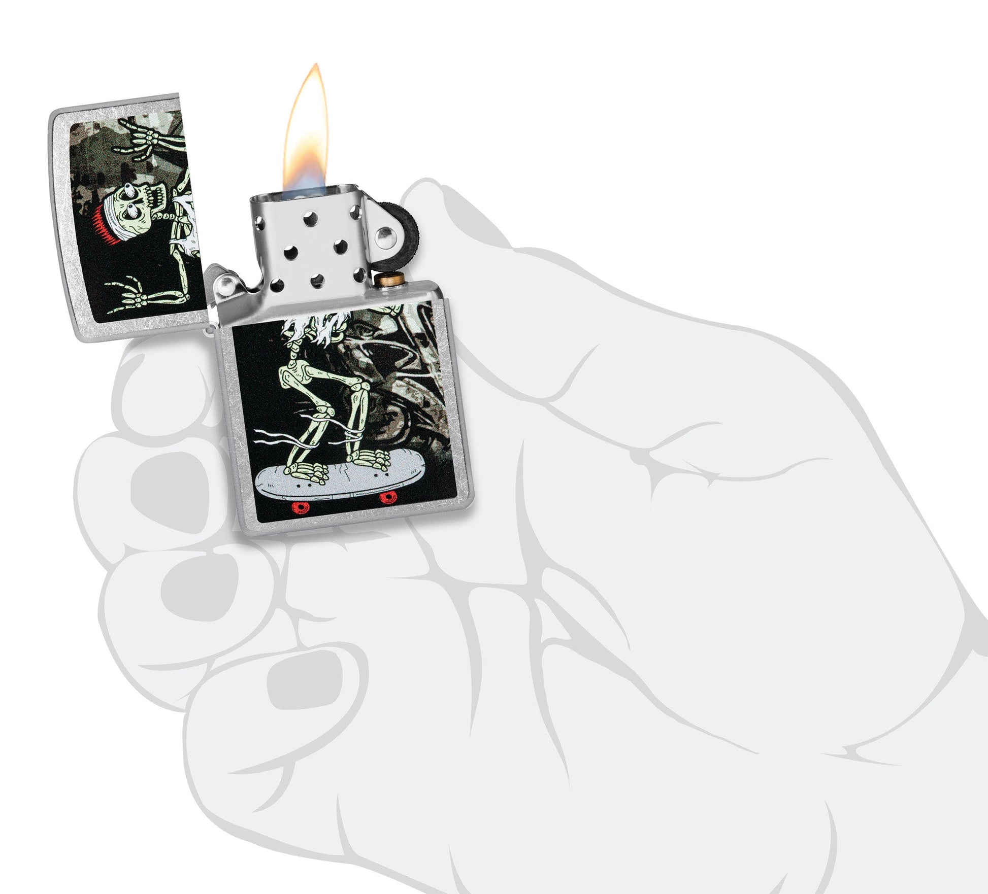 Zippo Skateboard Street Chrome Windproof Lighter lit in hand.