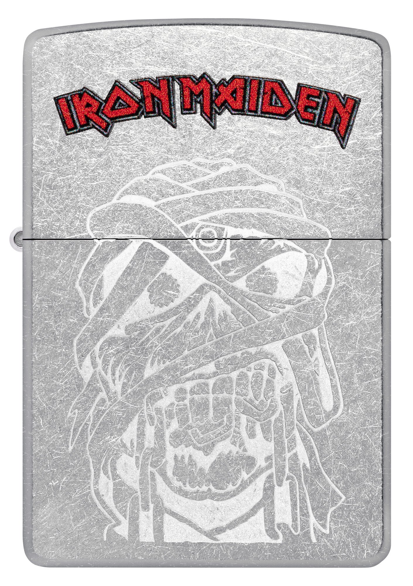 Front view of Zippo Iron Maiden Eddie Street Chrome Windproof Lighter.