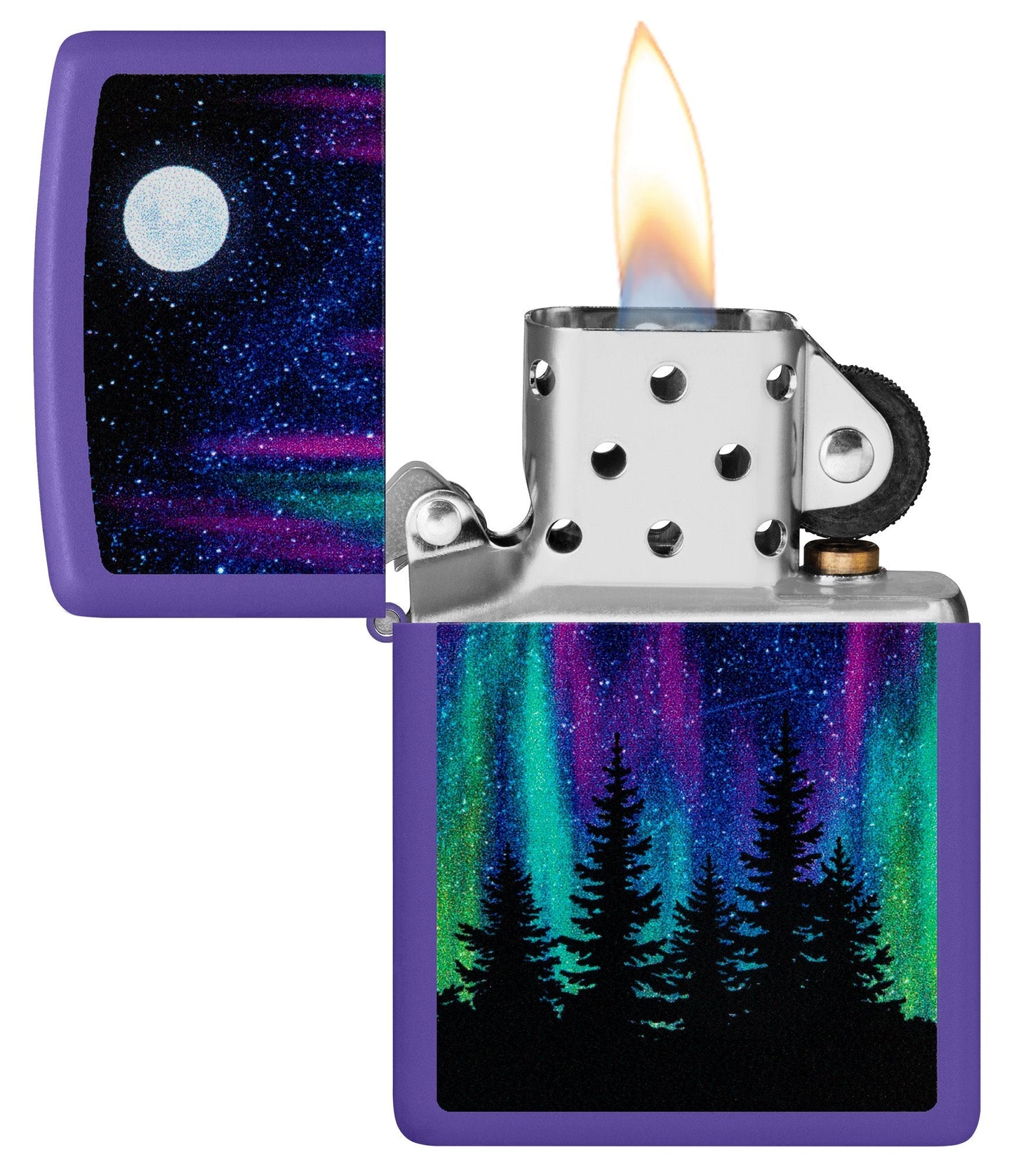 Zippo Northern Lights Design Purple Matte Windproof Lighter with its lid open and lit.