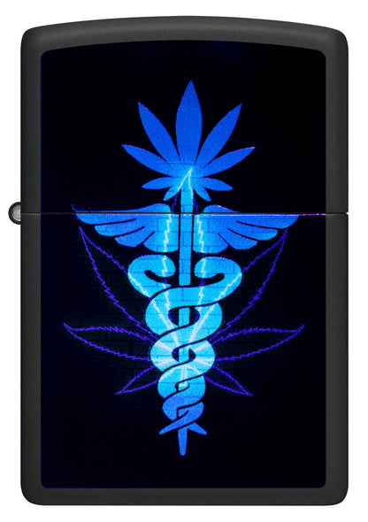 Front view of Zippo Gleaming Leaf Design Black Matte Windproof Lighter glowing under a black light.