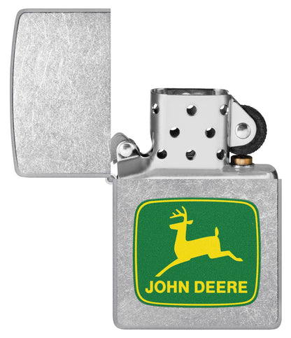 Zippo John Deere Leaping Deer Design Street Chrome Pocket Lighter with its lid open and unlit.