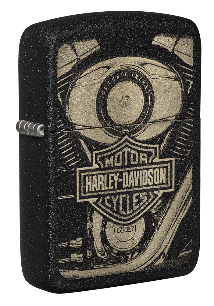 Front shot of Harley-Davidson® 1941 Replica Black Crackle® Windproof Lighter standing at a 3/4 angle