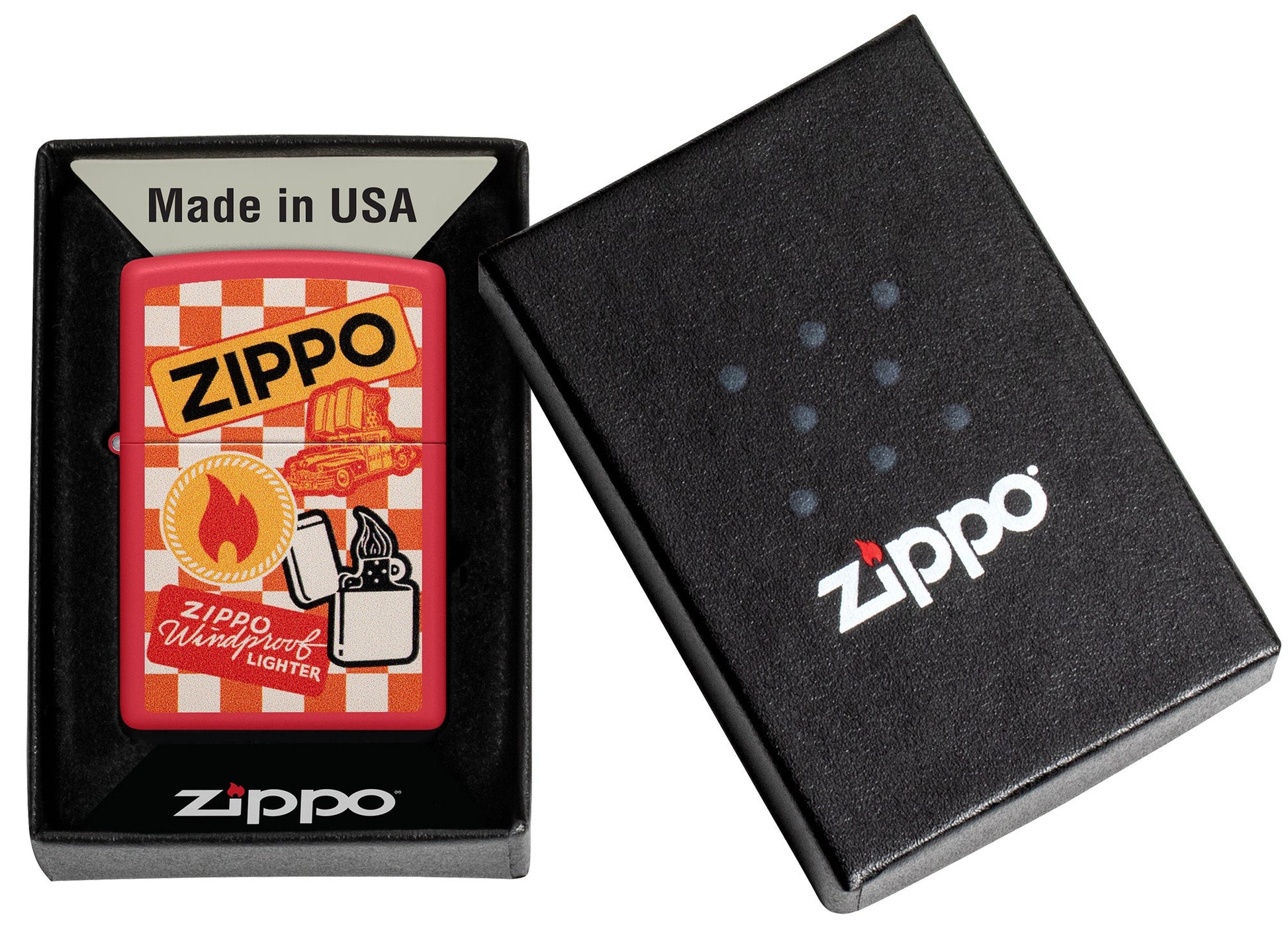 Zippo Retro Design Red Matte Windproof Lighter in its packaging.
