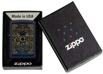 Zippo Elements Design Navy Matte Windproof Lighter in its packaging.