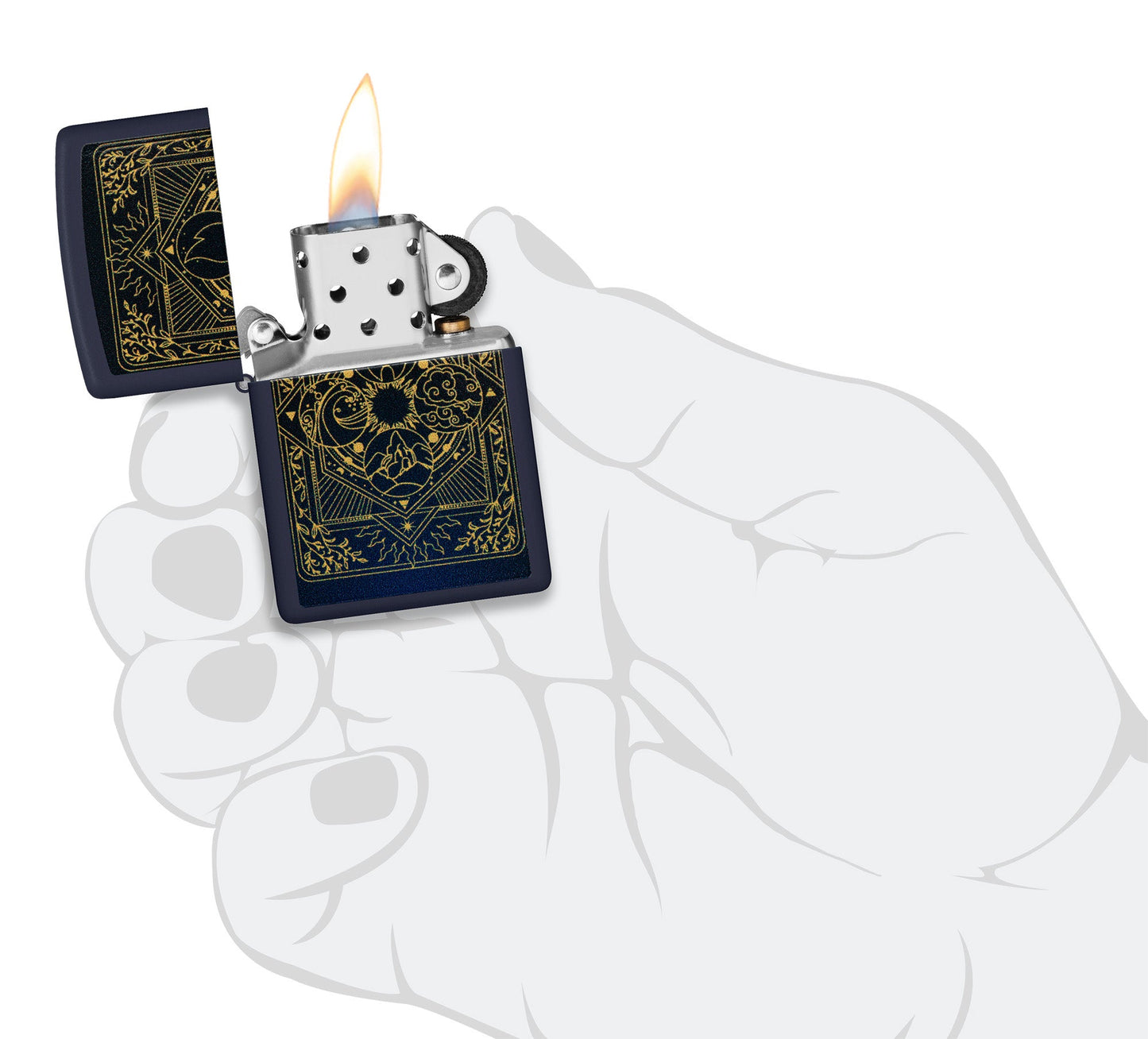 Zippo Elements Design Navy Matte Windproof Lighter lit in hand.
